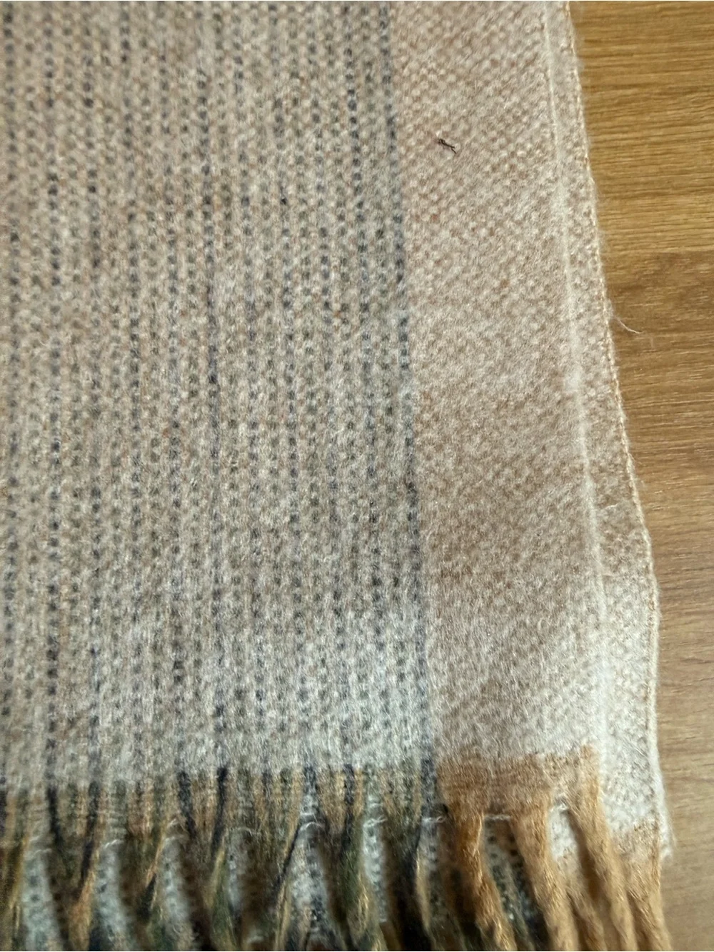Vintage Christian Dior Cashmaire Fringed Scarf Cream Grey Green Block Stripe